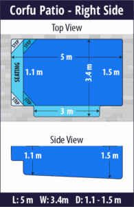 Corfu Patio pool shell dimensions diagram — Cosmo Pools