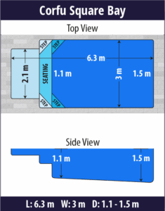 Corfu Square Bay pool shell dimensions diagram — Cosmo Pools