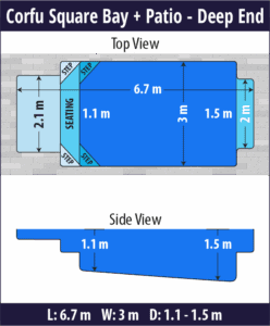 Corfu Square Bay + Patio pool shell dimensions diagram — Cosmo Pools