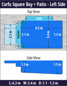 Corfu Square Bay + Patio pool shell dimensions diagram — Cosmo Pools