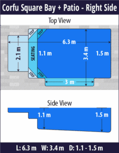 Corfu Square Bay + Patio pool shell dimensions diagram — Cosmo Pools