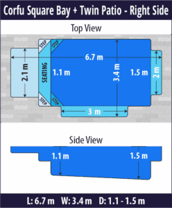 Corfu Square Bay + Twin Patio pool shell dimensions diagram — Cosmo Pools
