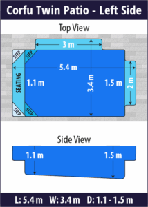 Corfu Twin Patio pool shell dimensions diagram — Cosmo Pools