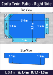 Corfu Twin Patio pool shell dimensions diagram — Cosmo Pools