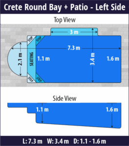 Crete Round Bay + Patio pool shell dimensions diagram — Cosmo Pools
