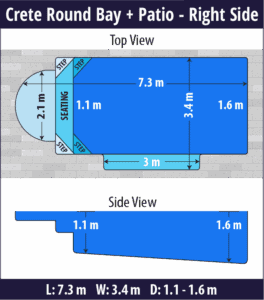 Crete Round Bay + Patio pool shell dimensions diagram — Cosmo Pools