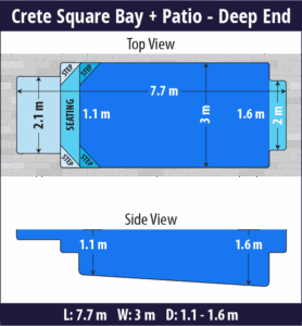 Crete Square Bay + Patio pool shell dimensions diagram — Cosmo Pools
