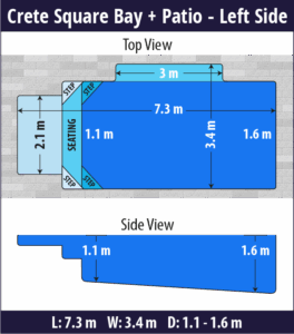Crete Square Bay + Patio pool shell dimensions diagram — Cosmo Pools