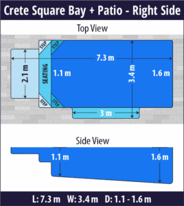 Crete Square Bay + Patio pool shell dimensions diagram — Cosmo Pools