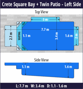 Crete Square Bay + Twin Patio pool shell dimensions diagram — Cosmo Pools