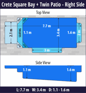 Crete Square Bay + Twin Patio pool shell dimensions diagram — Cosmo Pools