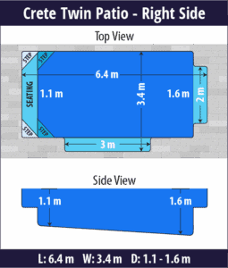 Crete Twin Patio pool shell dimensions diagram — Cosmo Pools