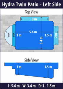 Hydra Twin Patio pool shell dimensions diagram — Cosmo Pools
