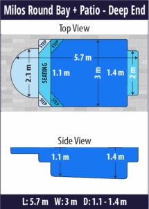 Milos Round Bay + Patio pool shell dimensions diagram — Cosmo Pools