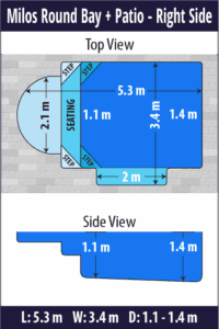 Milos Round Bay + Patio pool shell dimensions diagram — Cosmo Pools