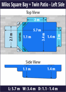 Milos Square Bay + Twin Patio pool shell dimensions diagram — Cosmo Pools