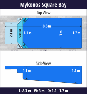 Mykonos Square Bay pool shell dimensions diagram — Cosmo Pools