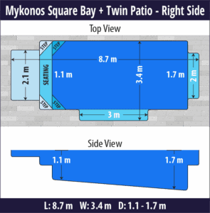 Mykonos Square Bay + Twin Patio pool shell dimensions diagram — Cosmo Pools