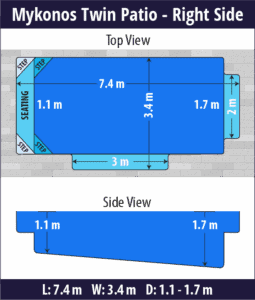 Mykonos Twin Patio pool shell dimensions diagram — Cosmo Pools