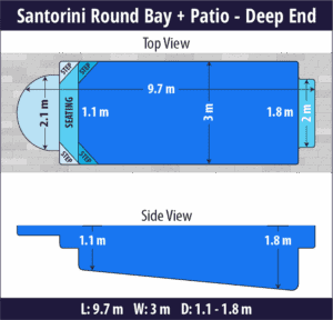 Santorini Round Bay + Patio pool shell dimensions diagram — Cosmo Pools