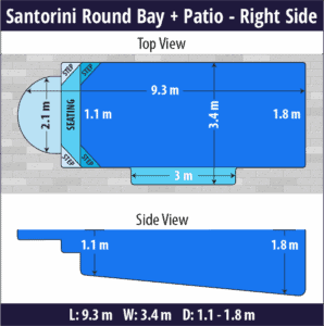 Santorini Round Bay + Patio pool shell dimensions diagram — Cosmo Pools