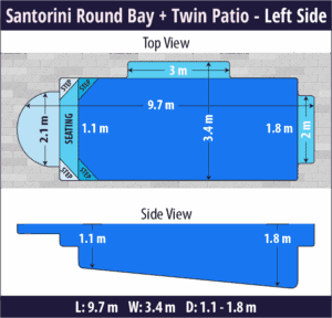 Santorini Round Bay + Twin Patio pool shell dimensions diagram — Cosmo Pools
