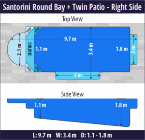 Santorini Round Bay + Twin Patio pool shell dimensions diagram — Cosmo Pools