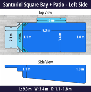 Santorini Square Bay + Patio pool shell dimensions diagram — Cosmo Pools