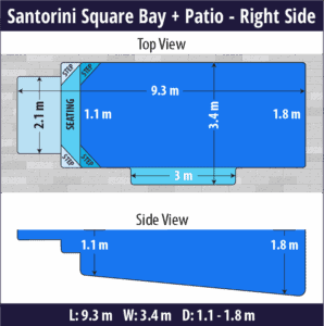 Santorini Square Bay + Patio pool shell dimensions diagram — Cosmo Pools